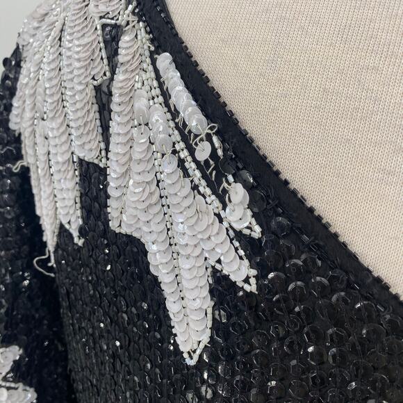 Vintage 80s Silk Beaded Sequined Evening Dress Asymmetric Black White Womens L - Picture 9 of 12